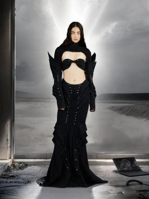 Female fashion model in an avant-garde black outfit poses indoors with dark sky and surreal ocean scenery in the background.