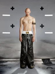 Shirtless bald male model posing in distressed black wide-leg trousers against a gray backdrop for MARRKNULL SS25.