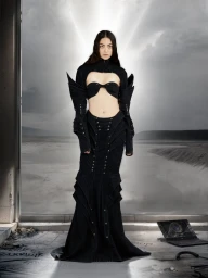 Model wearing a black sculptural two-piece outfit standing against a dramatic cloudy landscape backdrop.