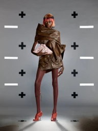 Model with dyed hair wearing brown structured wrap garment and pink handbag against a grey seamless background