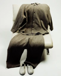 Textured taupe button-up shirt and matching trousers styled on an off-white leather chair with slip-on shoes on a white background.