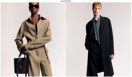 Two models showcasing Lanvin fall winter 25 collection against a white studio background, wearing tailored garments and accessories.