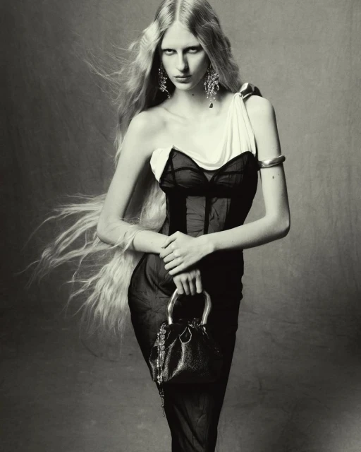 Monochrome portrait of a poised woman with long blonde hair, wearing a one-shoulder dress and holding a silver handbag against a grey backdrop.