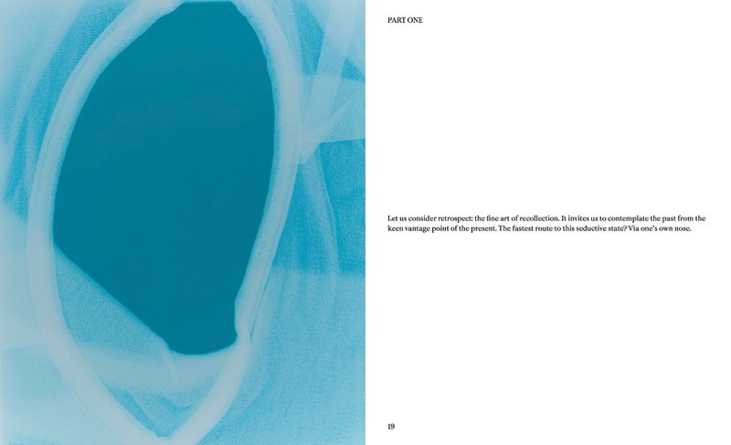 Abstract studio shot of blurred blue and white fabric, paired with a crisp white page featuring black text in an editorial layout.