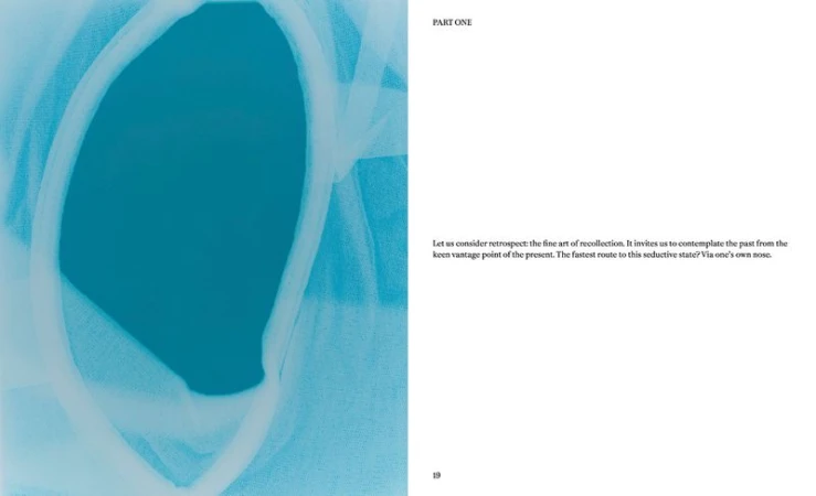 Abstract studio shot of blurred blue and white fabric, paired with a crisp white page featuring black text in an editorial layout.