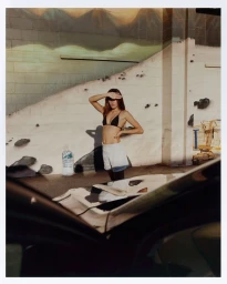 Woman wearing a black bikini top and light shorts posing outside against a painted wall with a car hood in the foreground.