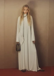 Model in long white dress holding a leopard print handbag against a neutral studio backdrop