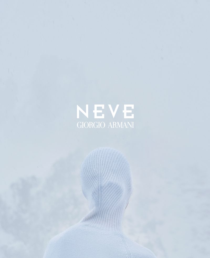 Back view of a person wearing a hooded knit sweater, under the brand logo Neve Giorgio Armani, against a pale blue, cloudy background.