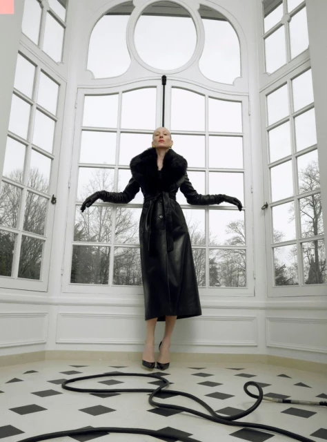 A striking fashion portrait of a woman in a black leather coat and long gloves, standing in a white-walled room with large windows and a black cable on the floor.
