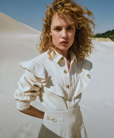 Fashion shot of a curly haired woman in a white denim outfit posing in a bright outdoor desert landscape with sand dunes.