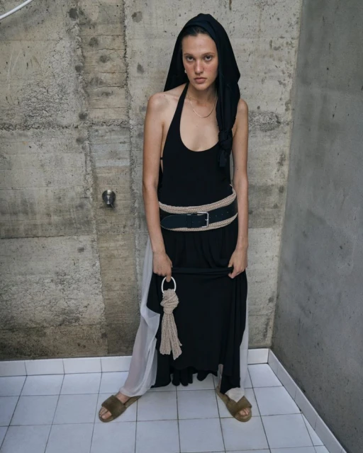 Young woman in black halter dress with hooded scarf and oversized belt poses in front of a textured concrete wall with white tiled floors.