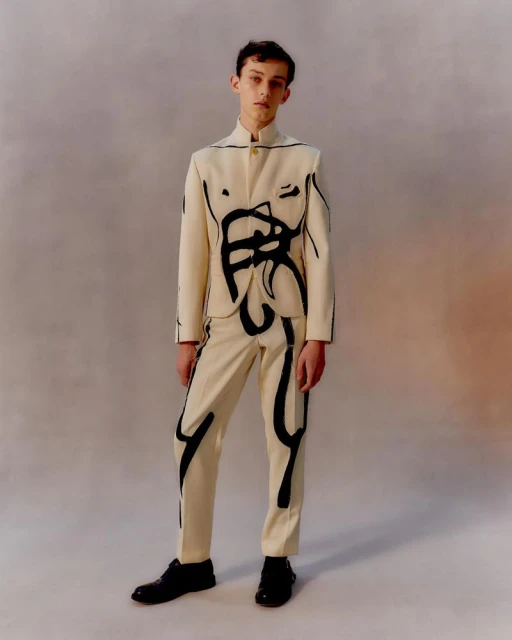 Adult male model posing in a studio wearing a cream-colored pantsuit with black abstract graphic art, and black patent leather shoes.