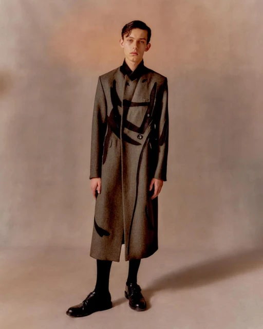 A young man poses in a long, patterned coat with black socks and dress shoes against a gradient neutral background in a studio shot.
