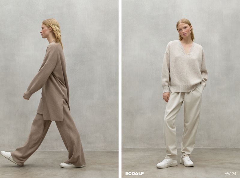 Two side-by-side images of a woman in beige sweater and pants outfits in a neutral studio setting, ECOALF brand. Fashion photography.