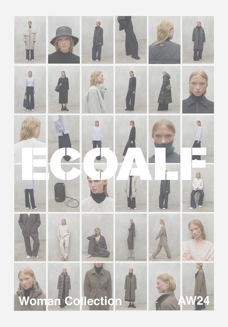 Fashion editorial featuring a grid of images showcasing a woman collection with neutral tones and minimalist designs, AW24.