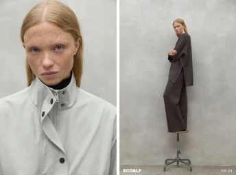 Diptych of model Malena Tafel in a light high-collar jacket on the left and a dark knit set on a stool on the right for Ecoalf AW24.
