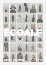 A multi-image grid showcasing a model wearing outerwear, knitwear, and accessories from the Ecoalf AW24 collection.