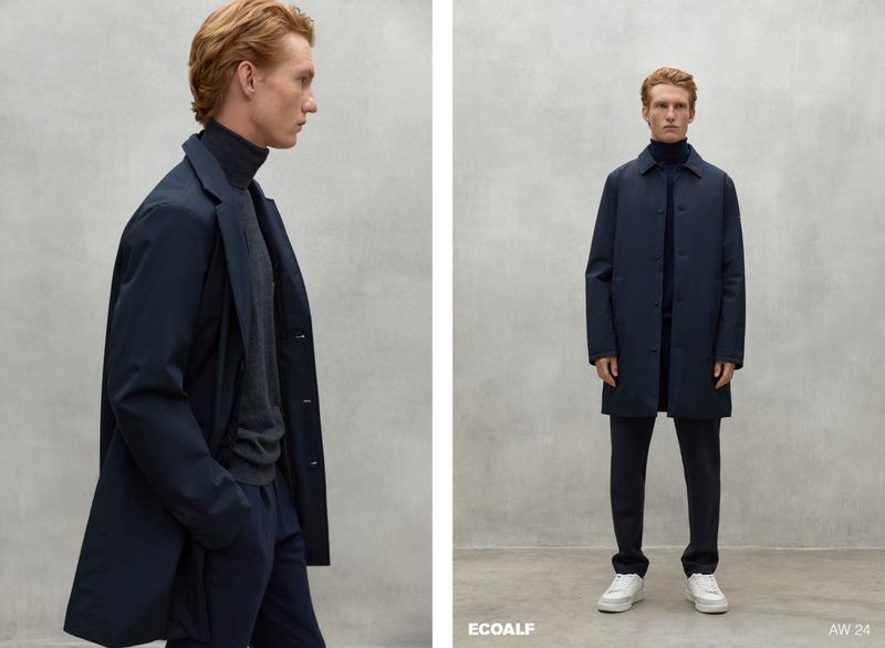 Diptych of a red-haired man wearing a navy blue overcoat, turtleneck, navy trousers, and white sneakers against a grey backdrop.
