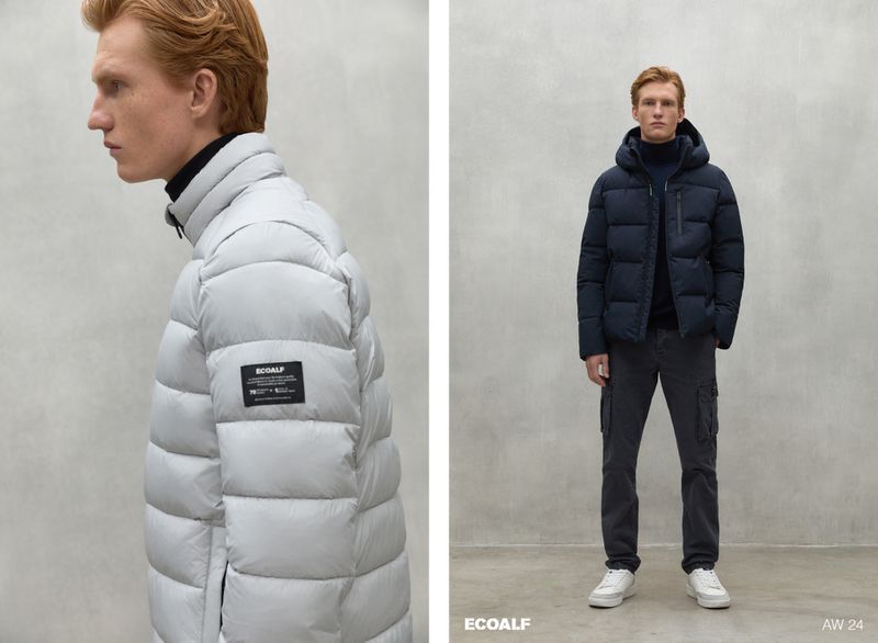 Two panels show an adult male wearing a light grey quilted puffer jacket and a dark blue hooded puffer jacket with dark grey cargo pants.