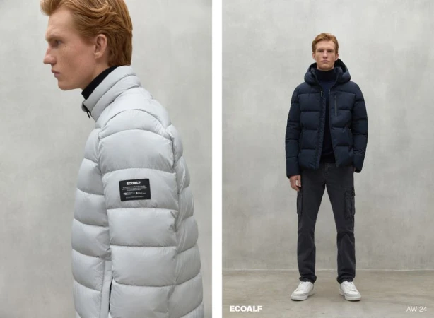 Two panels show an adult male wearing a light grey quilted puffer jacket and a dark blue hooded puffer jacket with dark grey cargo pants.