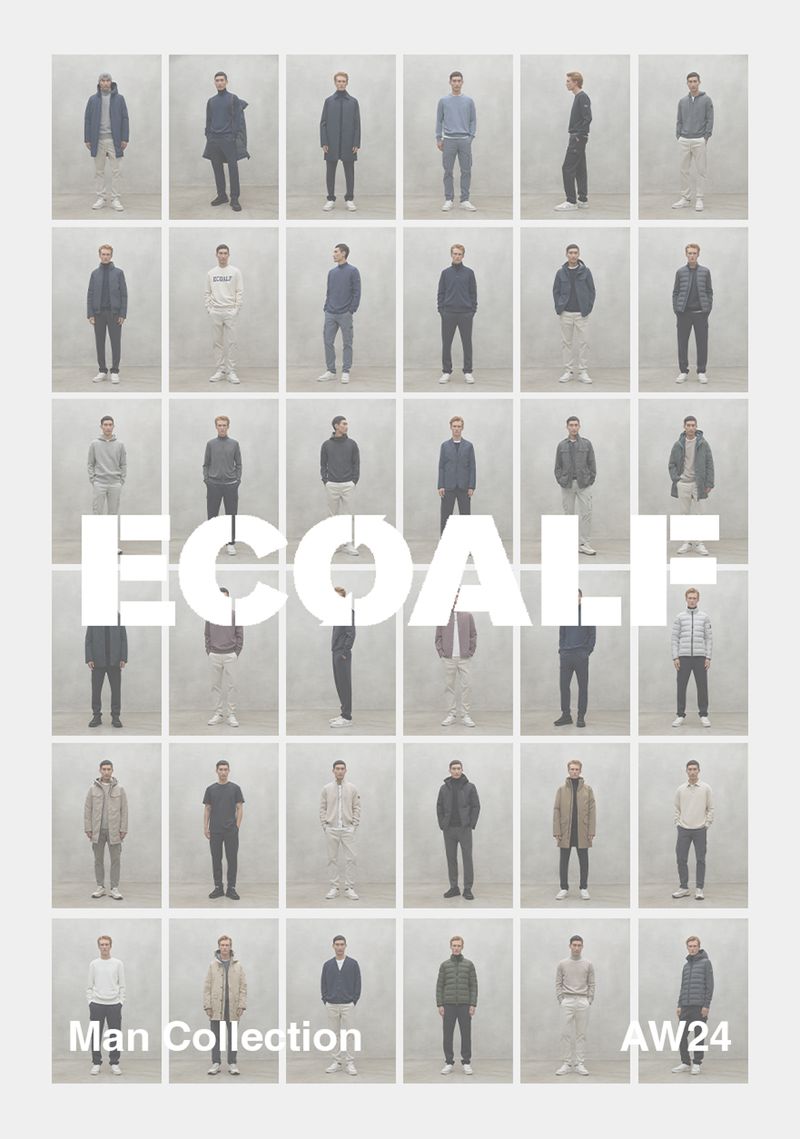 Collage of 30 images showcasing Ecoalf's AW24 man collection with standing male models in muted color clothing against a neutral background.