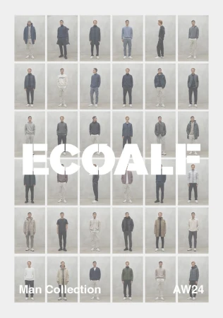 Collage of 30 images showcasing Ecoalf's AW24 man collection with standing male models in muted color clothing against a neutral background.