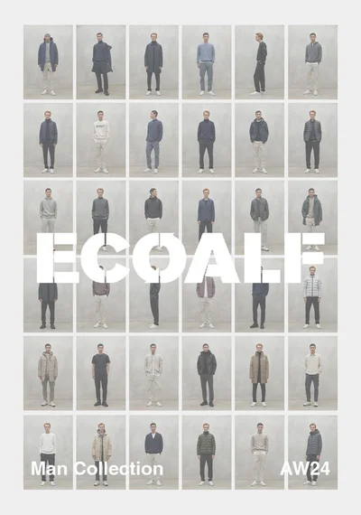 Grid of thirty-six menswear lookbook photos featuring models in outerwear with large white Ecoalf typography overlay.
