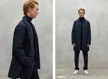 Diptych of a red-haired man wearing a navy blue overcoat, turtleneck, navy trousers, and white sneakers against a grey backdrop.