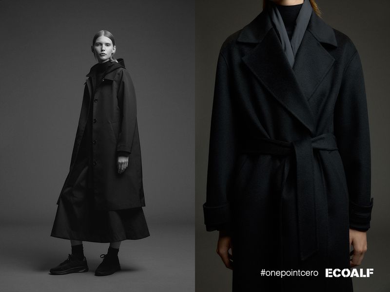 Diptych of a fashion model in a long black hooded coat and skirt beside a close-up of a tied black wrap coat.