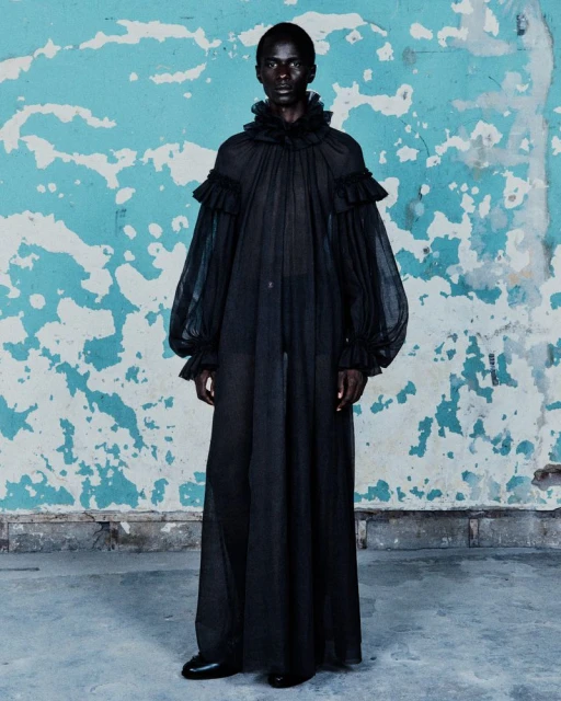 Fashionable adult male model in flowing black sheer gown with ruffles, standing indoors against a weathered wall with blue and white paint.