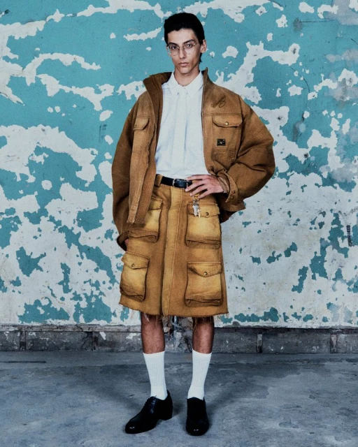 An adult male is standing indoors wearing a brown jacket, white shirt, brown skirt, white socks and black shoes against a blue wall.