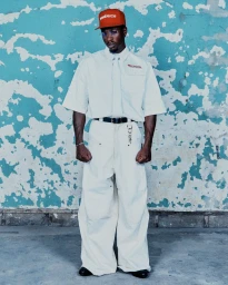 Black man wearing a white shirt and trousers, a red cap, and glasses against a turquoise distressed wall.