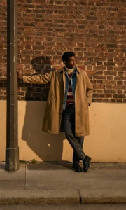 Evans Ikechukwu in a camel coat, denim jacket, and striped knit leaning against a brick wall in warm afternoon sunlight.