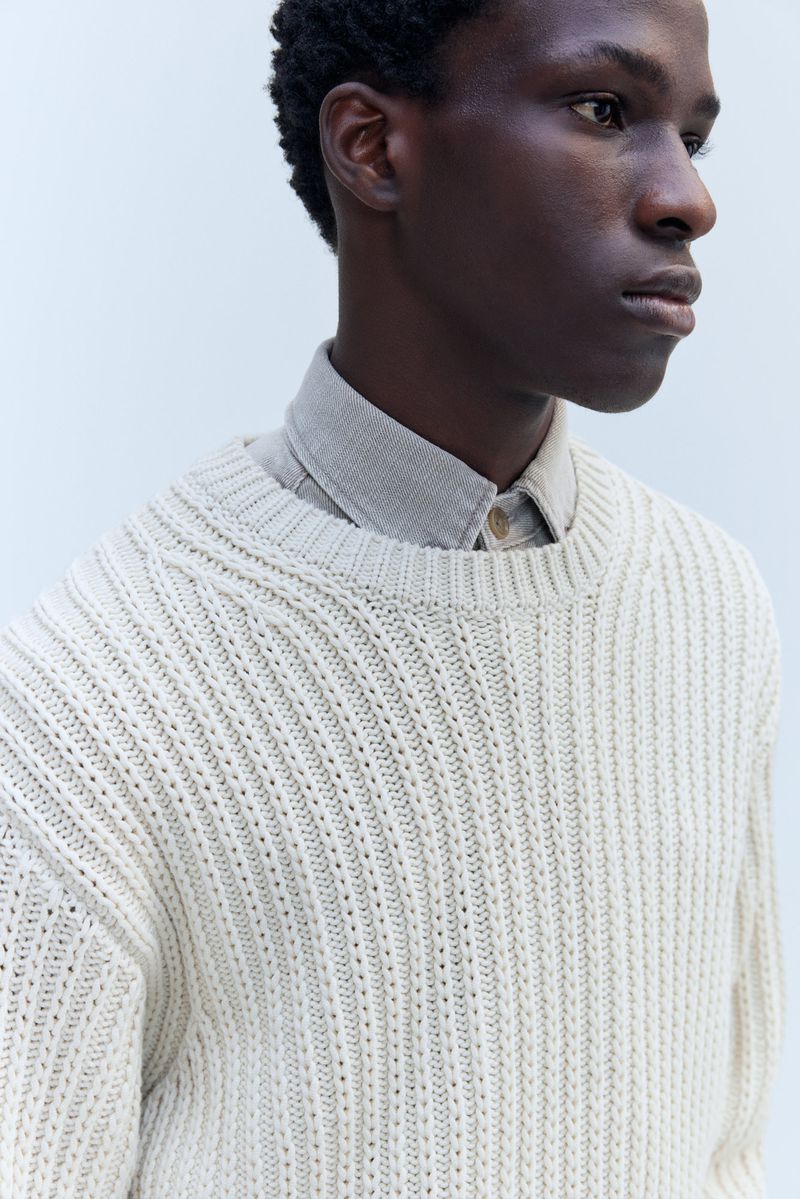 Close-up of an African American adult male wearing a cream-colored sweater and beige button-down shirt against a neutral background.