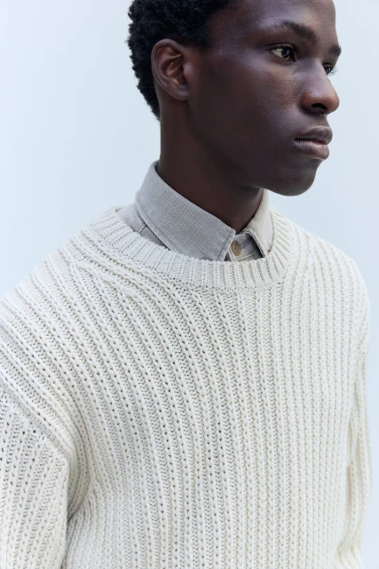 Close-up of an African American adult male wearing a cream-colored sweater and beige button-down shirt against a neutral background.