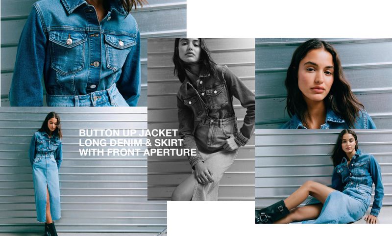 Collage of a woman modelling a denim jacket and skirt outfit, in various poses against a grey corrugated metal wall backdrop.