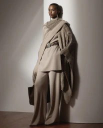 Model posing in a draped beige knit shawl, belted tunic, and wide-leg trousers against a curved architectural wall.