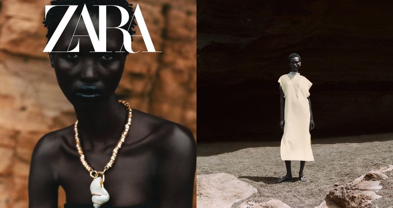 Fashion editorial featuring a dark-skinned model in a gold necklace against a textured background, and a full shot against a stone cave.