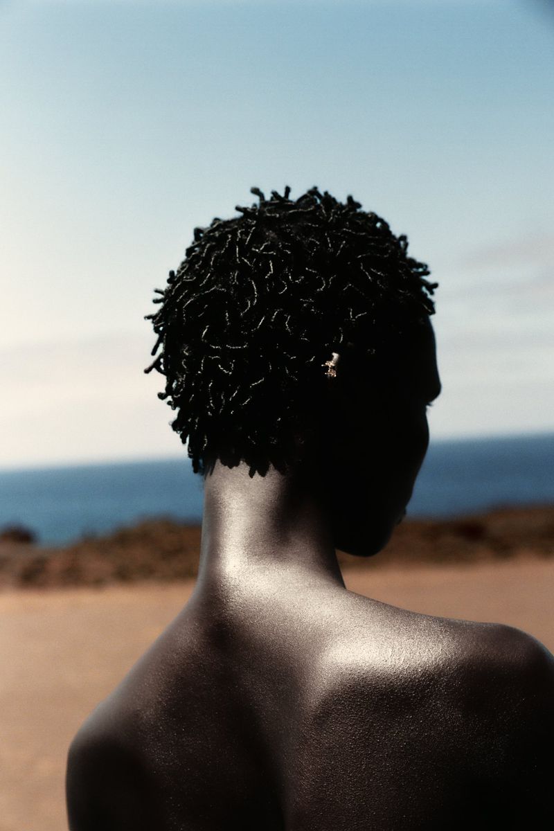 Back view of an African American adult with short dreadlocks outdoors. The scene features a blurred coastline and clear blue sky.