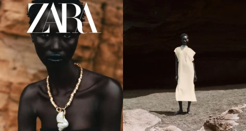Model Amar Akway wearing a gold shell pendant necklace in a close-up alongside a full-length shot in a cream dress for Zara.