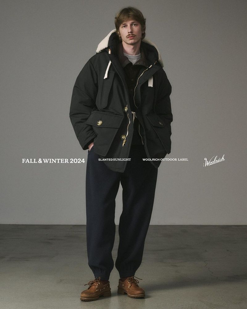 Full-length shot of a fair-skinned man with a mustache, wearing a dark green winter coat with a fur-lined hood, navy pants, and brown shoes.