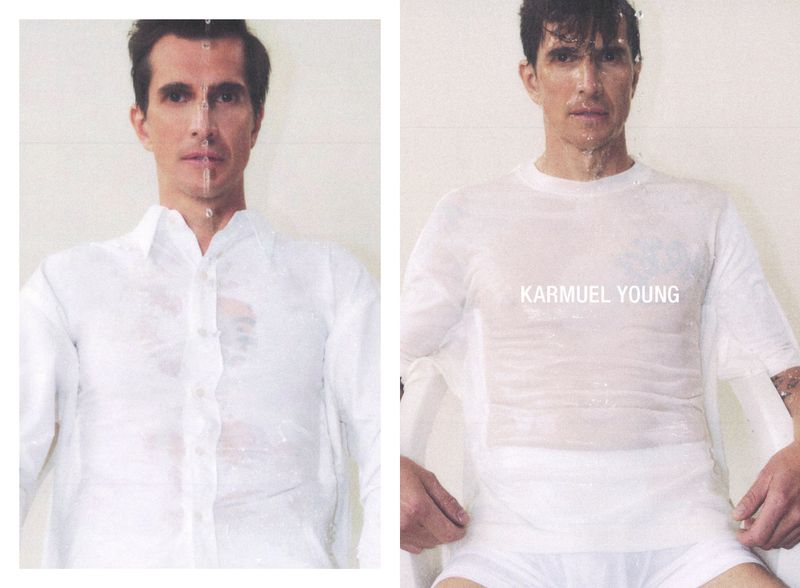 Conceptual shot of a man in wet white clothes: half in a white shirt, half in a t-shirt, under water, on a white background.