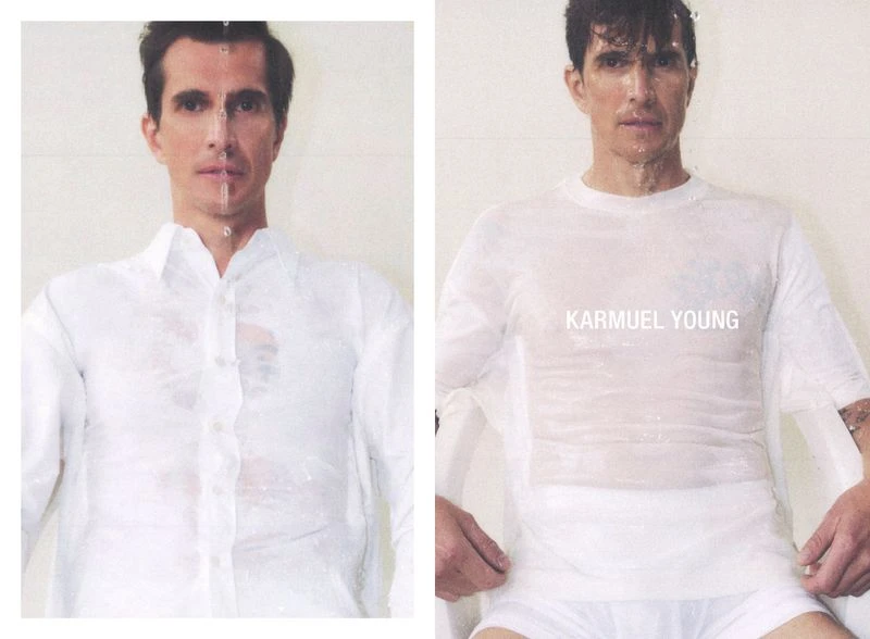 Conceptual shot of a man in wet white clothes: half in a white shirt, half in a t-shirt, under water, on a white background.