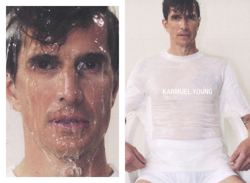 Two-shot collage: A man's face wet with water and a man in a wet white t-shirt posing against a white wall.