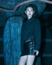 Hoyeon Jung poses in a dark long-sleeve shirt and black leather miniskirt illuminated under cool blue lighting.
