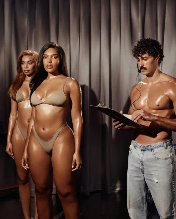 Two women in swimwear pose while a man in jeans and a headset takes notes on a clipboard in a studio setting with tan background.