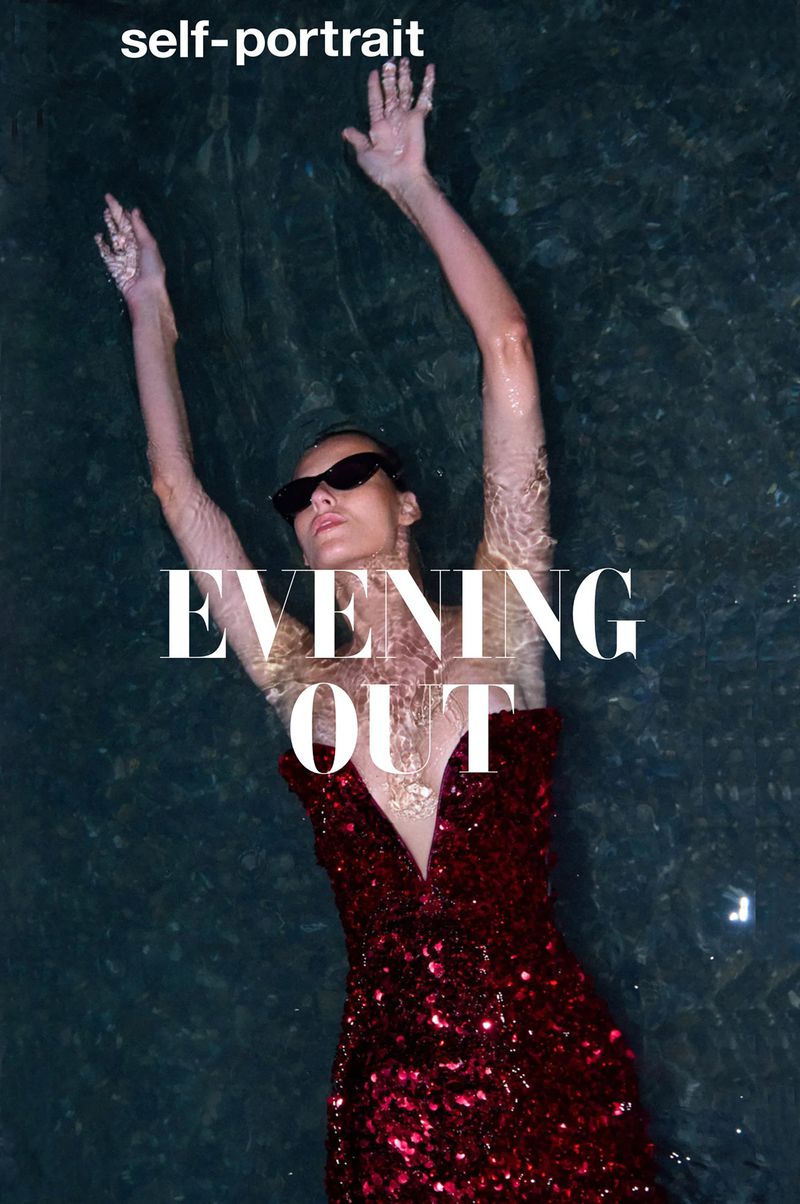 Woman in a red sequin dress floats in a pool with arms raised, sunglasses on, and the words 'Evening Out' overlaid.