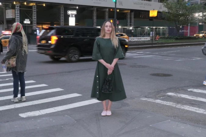 Woman in green dress stands on New York City crosswalk, holding a small bag, with city buildings and traffic in the background.