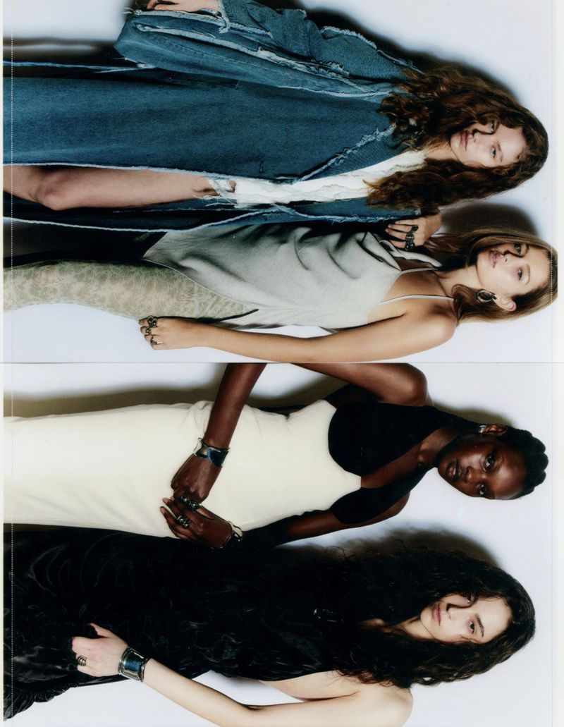 Fashion editorial featuring four diverse adult female models wearing designer dresses in a vertical, stylized studio layout.
