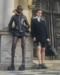 Two models standing outdoors against stone architecture wearing black leather jackets and structured outfits